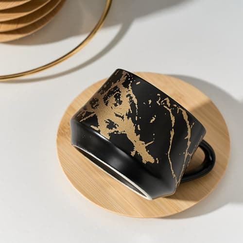 Luka Ceramic Espresso Cups Set of 6, 4 oz Marbling Black Saucers Included
