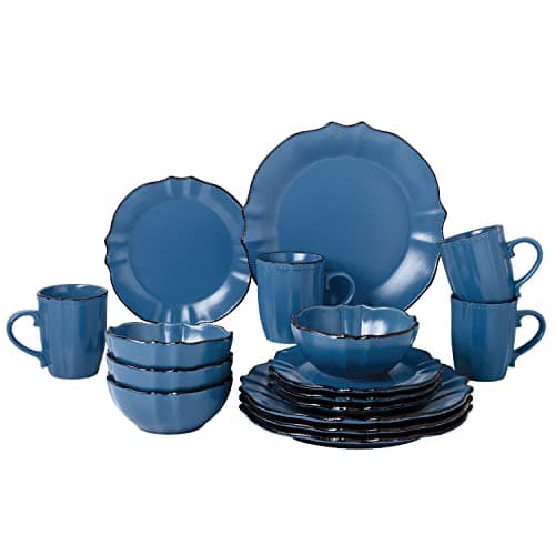 Lorren Home Trends 16 Piece Scalloped Edge Black Dinnerware, Medium — Blue