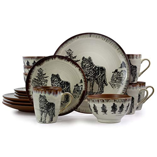 Elama Majestic Elk Round Stoneware Dinnerware Set Taupe — Wolf Design with Warm Taupe and Brown Accents
