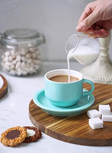 Sweese Turquoise Porcelain Espresso Cups with Saucers & Metal Stand (Set of 4)