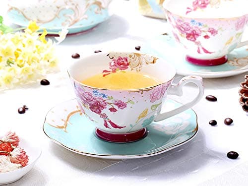 Vintage Red Flower Bone China Teacup and Saucer Set 7-OZ