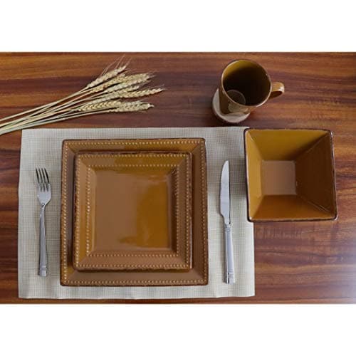 Lorren Home Trends 16 Piece Square Beaded Stoneware Set, Mocca