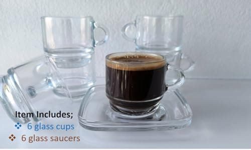 6-Piece Clear Glass Espresso Set, Small Demitasse Cups & Saucers