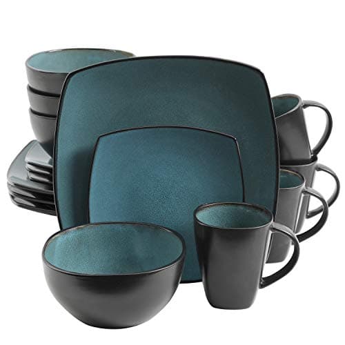 Gibson Elite Soho Lounge Dinnerware Set, Soft Square, Teal, Service for 4 (16pc) — Forest Green/Black