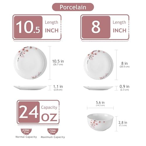 VEWEET Pink Floral Porcelain Dinnerware Set for 4, 12 Pieces Annabelle Series