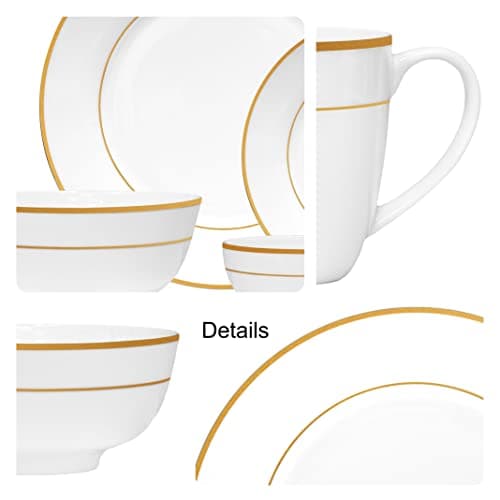 Bone China 20PC Dinner Set, Service for 4, Double Gold Rim, White, Microwave Safe
