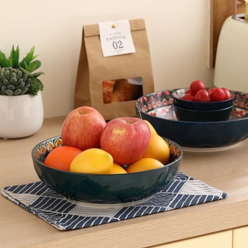 Colorful Bohemian Ceramic Pasta Bowl Set of 2, 10.2inch Serving Bowls
