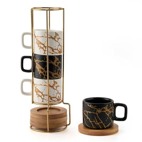 Luka Porcelain Espresso Cup Set of 4, White & Black, 4 Ounce — Black & White Marbling