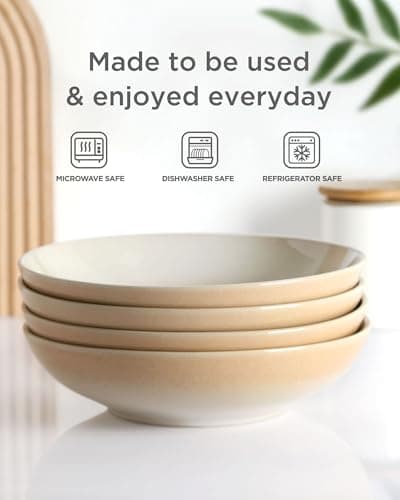 Famiware Glacier Series Honey Beige 8.7" Stoneware Pasta Bowls Set of 4, 34oz Microwave & Dishwasher Safe