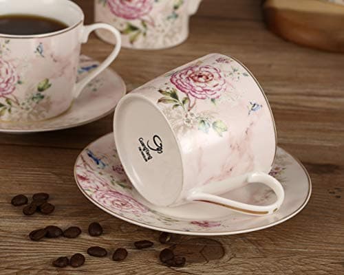 Vintage Peony Flower Design Porcelain Tea Cups and Saucers, Set of 2 - 7 Ounce (220ml) - 4 Pieces