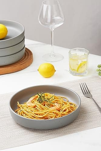 Famiware 8.5" Dawn Speckled Stoneware Pasta Bowl Set, Dark Gray, Set of 4
