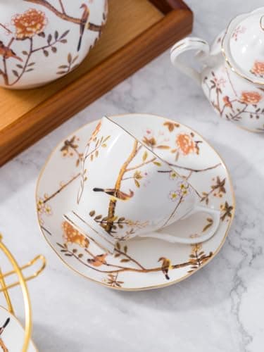 Jusalpha Fine China Bird Tree Pattern 4-Piece Coffee/Tea Set with Teapot, Sugar Bowl, Cream Pitcher & Teaspoons