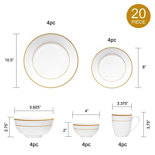 Bone China 20PC Dinner Set, Service for 4, Double Gold Rim, White, Microwave Safe