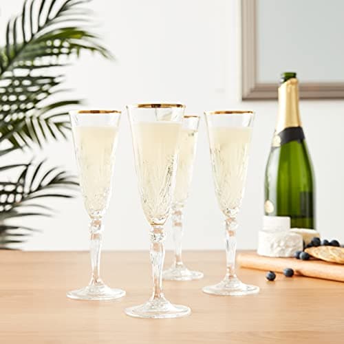 Crystal Flute Glasses with Gold Band Design, Set of 4 by Lorren Home Trends