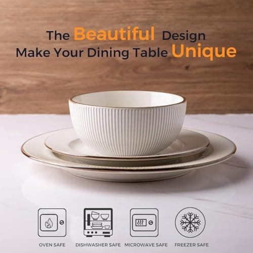 GBHOME Elegant Stoneware Dinnerware Set, 12-Piece Embossed Plates & Bowls | Safe for Dishwasher & Microwave | Ideal Hous