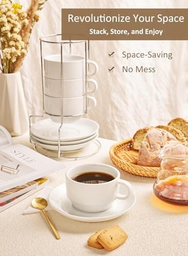 Yedio Porcelain 4 oz Espresso Cups & Saucers, White Stackable Set of 4 with Metal Stand