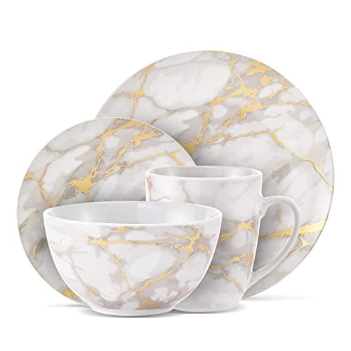 Safdie & Co. Gold Marble 16-Piece Dinnerware Indoor/Outdoor Sets