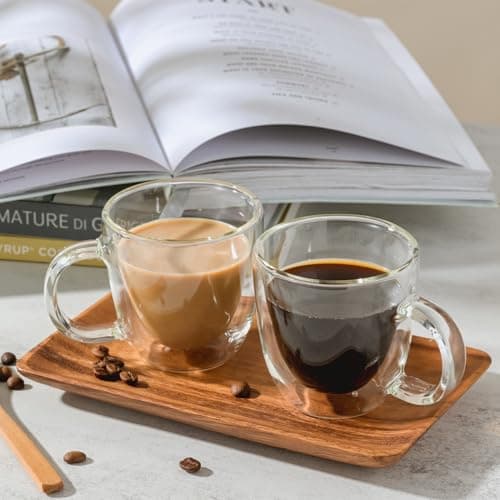 Double Walled Glass Espresso Cups Set, 6oz Insulated Coffee Mugs