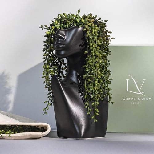 Faux String of Pearls Plant Face Vase with Succulents for Table DecorATIONS — Matte Black