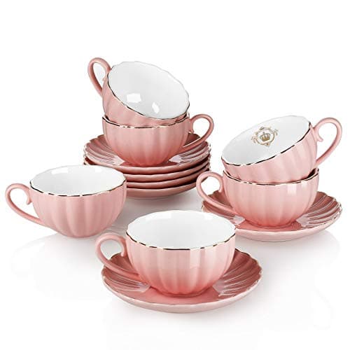 Amazingware Royal Porcelain Tea Cups & Saucers, Gold Trim, Gift Box, Set of 6 (8 oz) - White — Pink