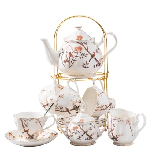 Jusalpha Fine China Bird Tree Pattern 4-Piece Coffee/Tea Set with Teapot, Sugar Bowl, Cream Pitcher & Teaspoons