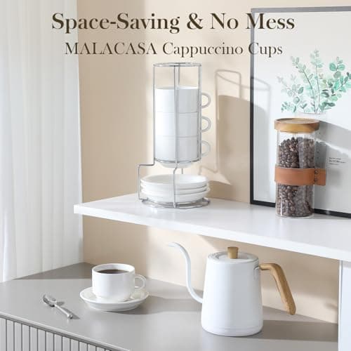MALACASA White Espresso Cups with Saucers & Metal Stand, Set of 4