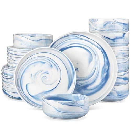 MALACASA Series LUNA 24-Piece Modern Porcelain Dinnerware Set — Marble Blue