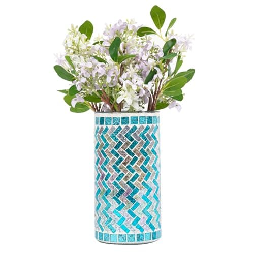 Mosaic Pink Glass Flower Vase, Large Living Room & Kitchen Decor — Light Blue
