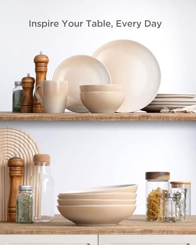 Famiware Glacier Series Honey Beige 8.7" Stoneware Pasta Bowls Set of 4, 34oz Microwave & Dishwasher Safe
