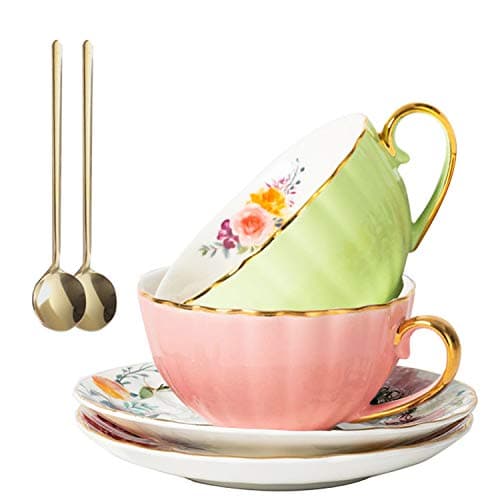 European Royal Porcelain Tea Cup & Coffee Set, 2 Tea Cups & 2 Coffee Mugs with Saucers & Spoons & Gift Box — Pink+Light Green