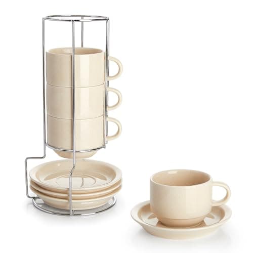 Stackable Cappuccino Cups with Saucers and Stand - Set of 4, White — Beige