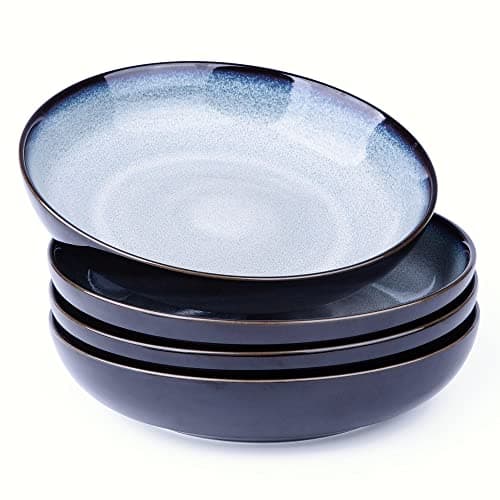 LERATIO 9.0" Reactive Glaze Ceramic Pasta Bowl Set, Microwave & Oven Safe, Wide 38oz Salad & Pasta Bowls-Khaki — Gray White