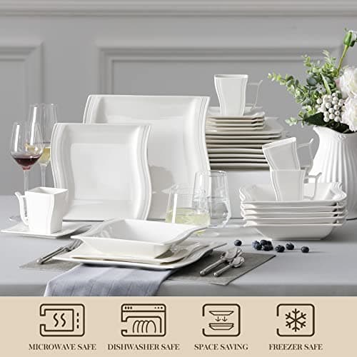 Modern Square Dinnerware Set for 6, 30-Piece Porcelain, Ivory White, Series Flora