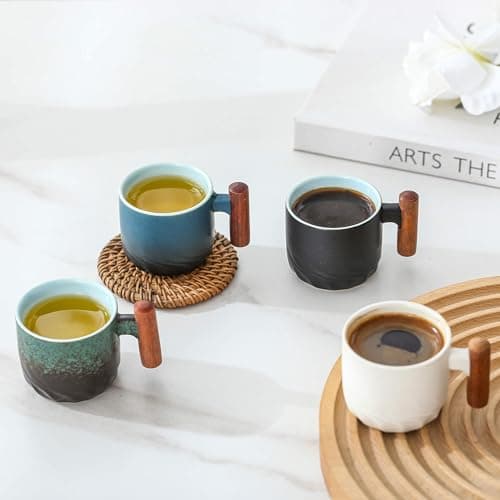 Set of 2 Ceramic Espresso Cups with Wooden Handle-Small Tea Cups