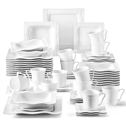 MALACASA 12-Piece Marble Grey Dinnerware Set for 4 - Square Plates and Bowls for Dessert, Salad, and Soup — MARIO - White