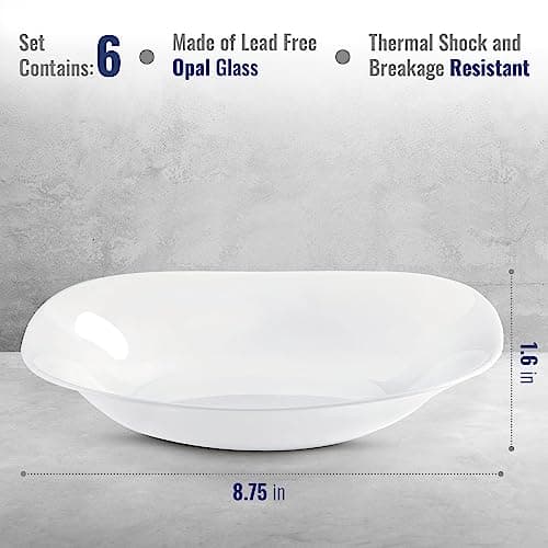 Bormioli Rocco Parma Set Of 6 Pasta Bowls & Soup Plates, 8.75 Inch, Dishwasher Safe, Clean White