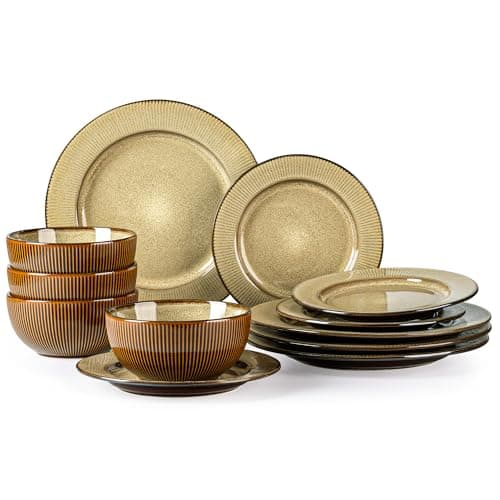 GBHOME Elegant Stoneware Dinnerware Set, 12-Piece Embossed Plates & Bowls | Safe for Dishwasher & Microwave | Ideal Hous — Caramel