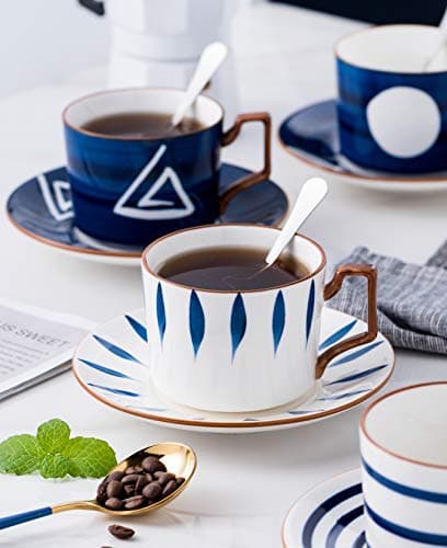 Jusalpha Japanese Style Hand Printed 7oz Fine China Tea/Coffee Cup Set with Spoon and Tray, Serve of 4