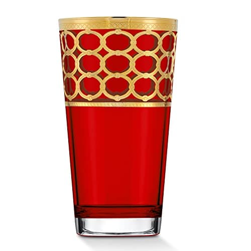 Lorren Home Trends Deep Red High Ball Glasses with Gold Rings, Set of 4
