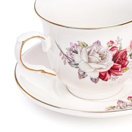 Tea Cup Set with Gold Trim, Set of 6 - 8 Oz Cups and Saucers for Espresso, Latte, and Mocha