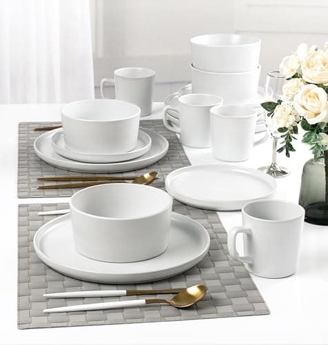 Lorren Home Trends 16-Piece White Stoneware Dinnerware Set, Microwave and Dishwasher Safe