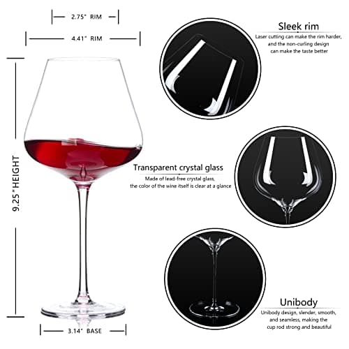 Hand Blown Red Wine Glasses Set of 4 – Premium Crystal, 23 oz, Long Stem – Unique Gift