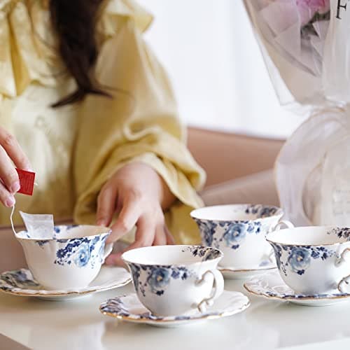 4-Piece Blue and White Jomop Ceramic Tea and Coffee Cups with Saucers