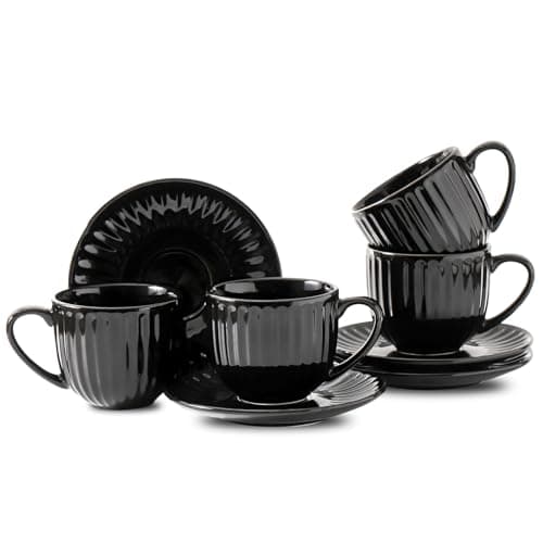 Ceramic Espresso Cups & Saucers, 5 Oz, Set of 4, Small Coffee Mugs Brown — Black Stripes