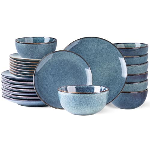 AmorArc Ceramic Dinnerware Set for 4, 12 Pieces Handpainted Stoneware — Ceylon Blue