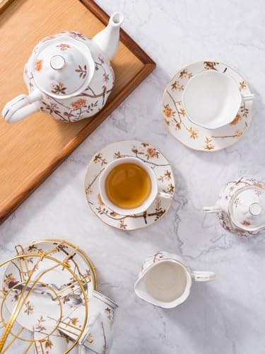 Jusalpha Fine China Bird Tree Pattern 4-Piece Coffee/Tea Set with Teapot, Sugar Bowl, Cream Pitcher & Teaspoons