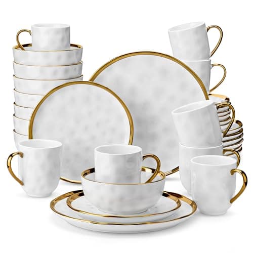 LOVECASA White and Gold Porcelain Dinnerware Set, 12-Piece Plate and Bowl Kit, Dishwasher Safe — White and Gold