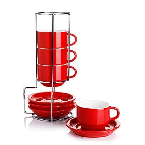 Stackable Cappuccino Cups with Saucers and Stand - Set of 4, White — Red