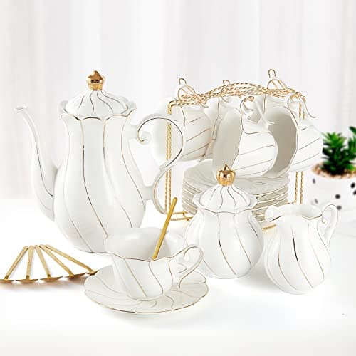 DUJUST 22 Piece Pink Luxury Tea/Coffee Set, Golden Trim, Perfect Gift for Women — 22pcs White