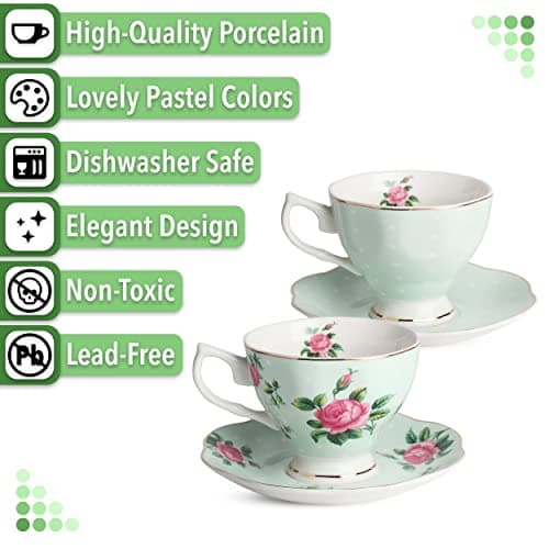 Floral Tea Cups and Saucers Set, Porcelain with Gold Trim, 8oz
